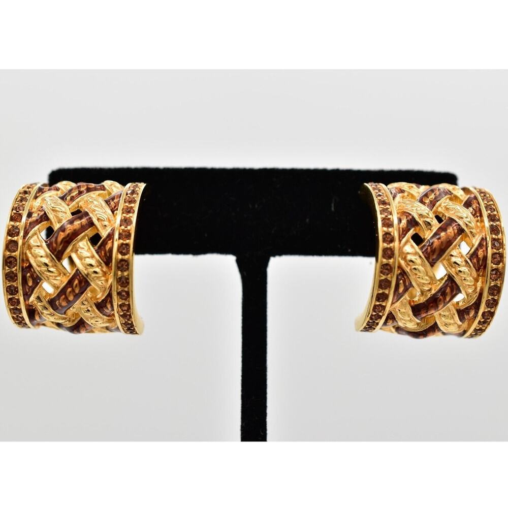 Swarovski Vintage Crystal Clip On Earrings Gold Chocolate Swan Signed 80s BinBB